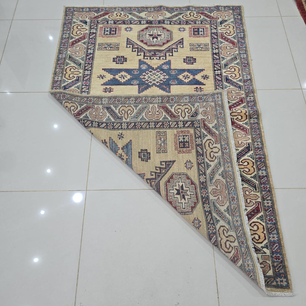 4x6 Golden Super Kazak Geometric Area Rug | Handmade Wool & Cotton Rug
