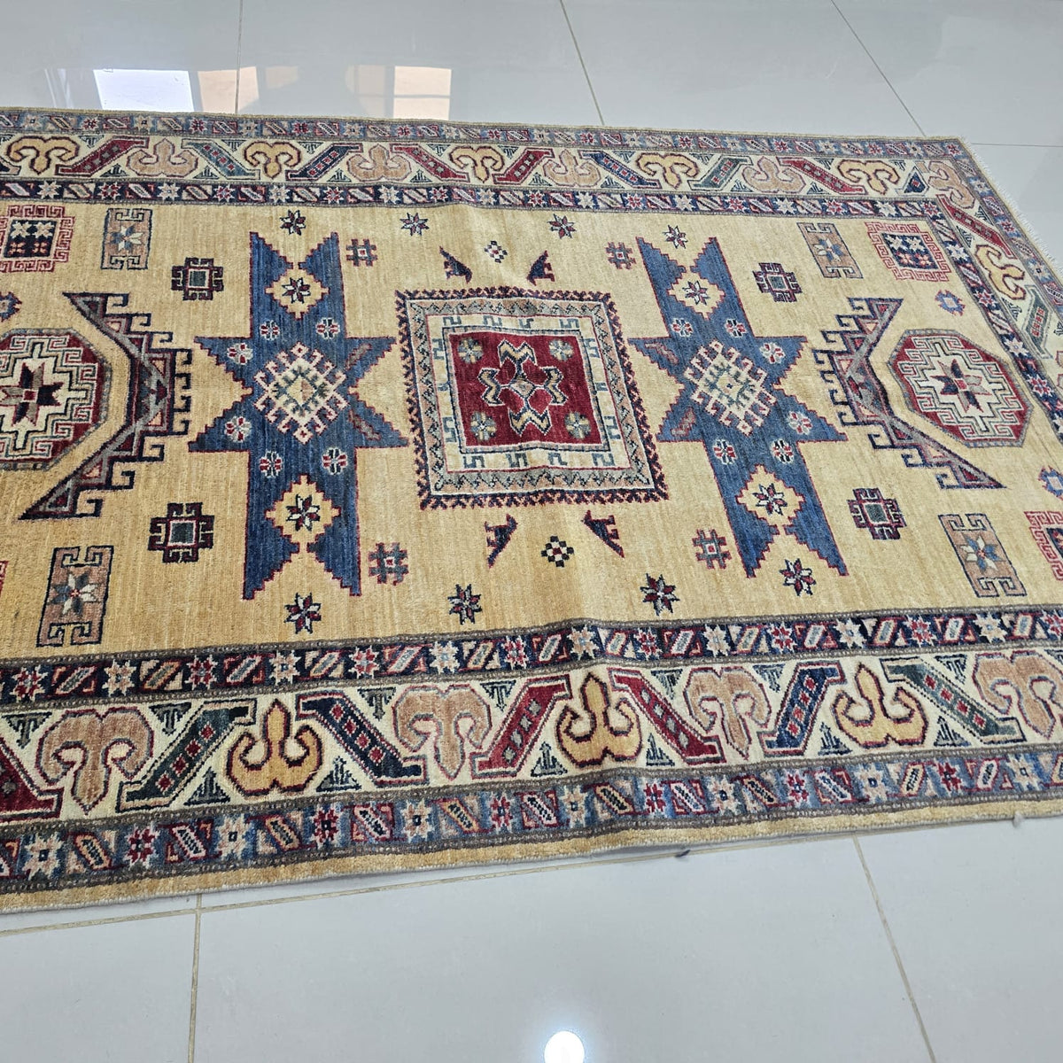4x6 Golden Super Kazak Geometric Area Rug | Handmade Wool & Cotton Rug