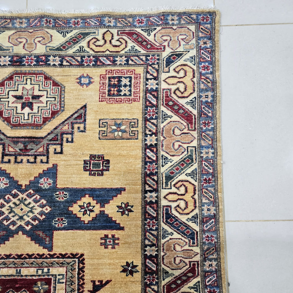 4x6 Golden Super Kazak Geometric Area Rug | Handmade Wool & Cotton Rug