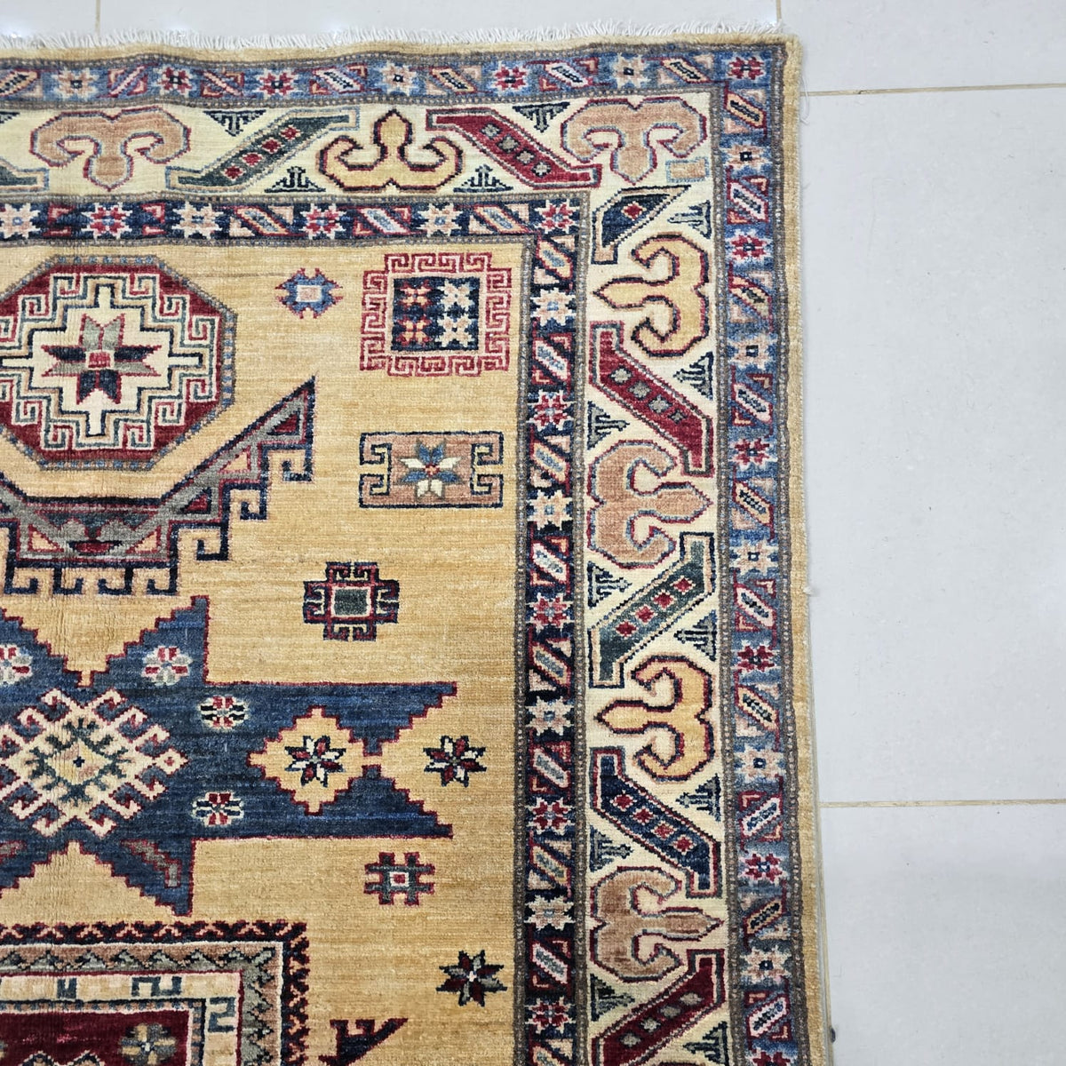 4x6 Golden Super Kazak Geometric Area Rug | Handmade Wool & Cotton Rug