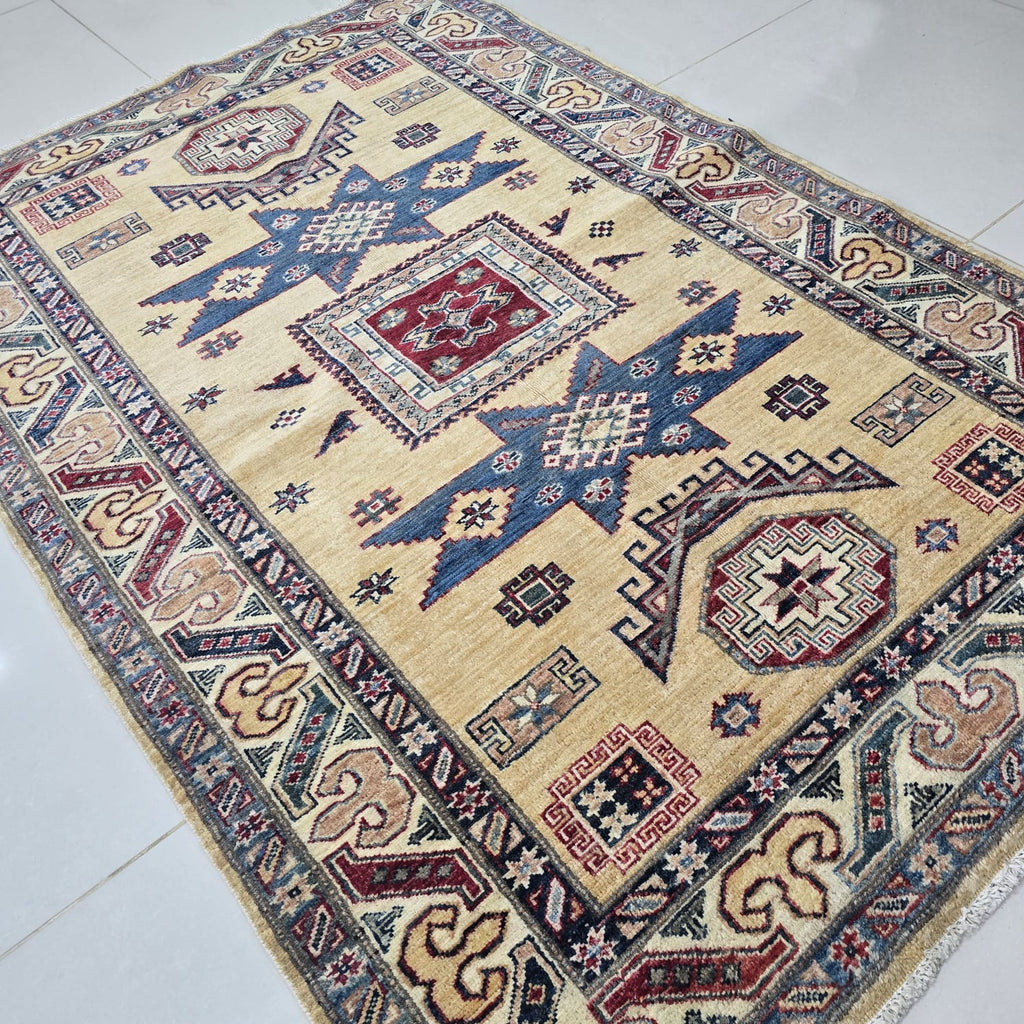 4x6 Golden Super Kazak Geometric Area Rug | Handmade Wool & Cotton Rug