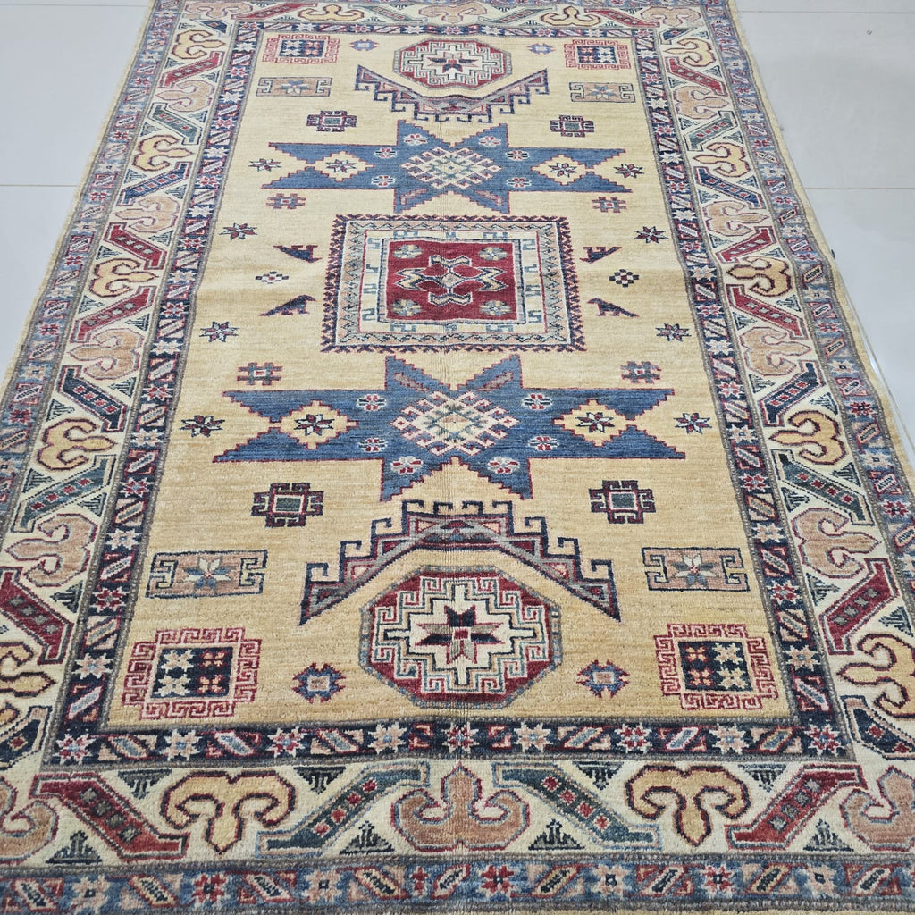 4x6 Golden Super Kazak Geometric Area Rug | Handmade Wool & Cotton Rug