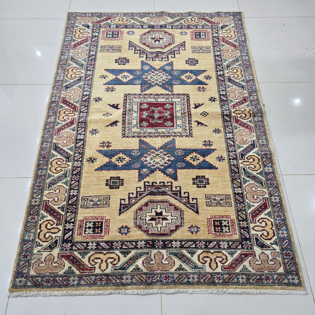 4x6 Golden Super Kazak Geometric Area Rug | Handmade Wool & Cotton Rug