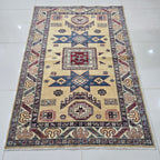 4x6 Golden Super Kazak Geometric Area Rug | Handmade Wool & Cotton Rug