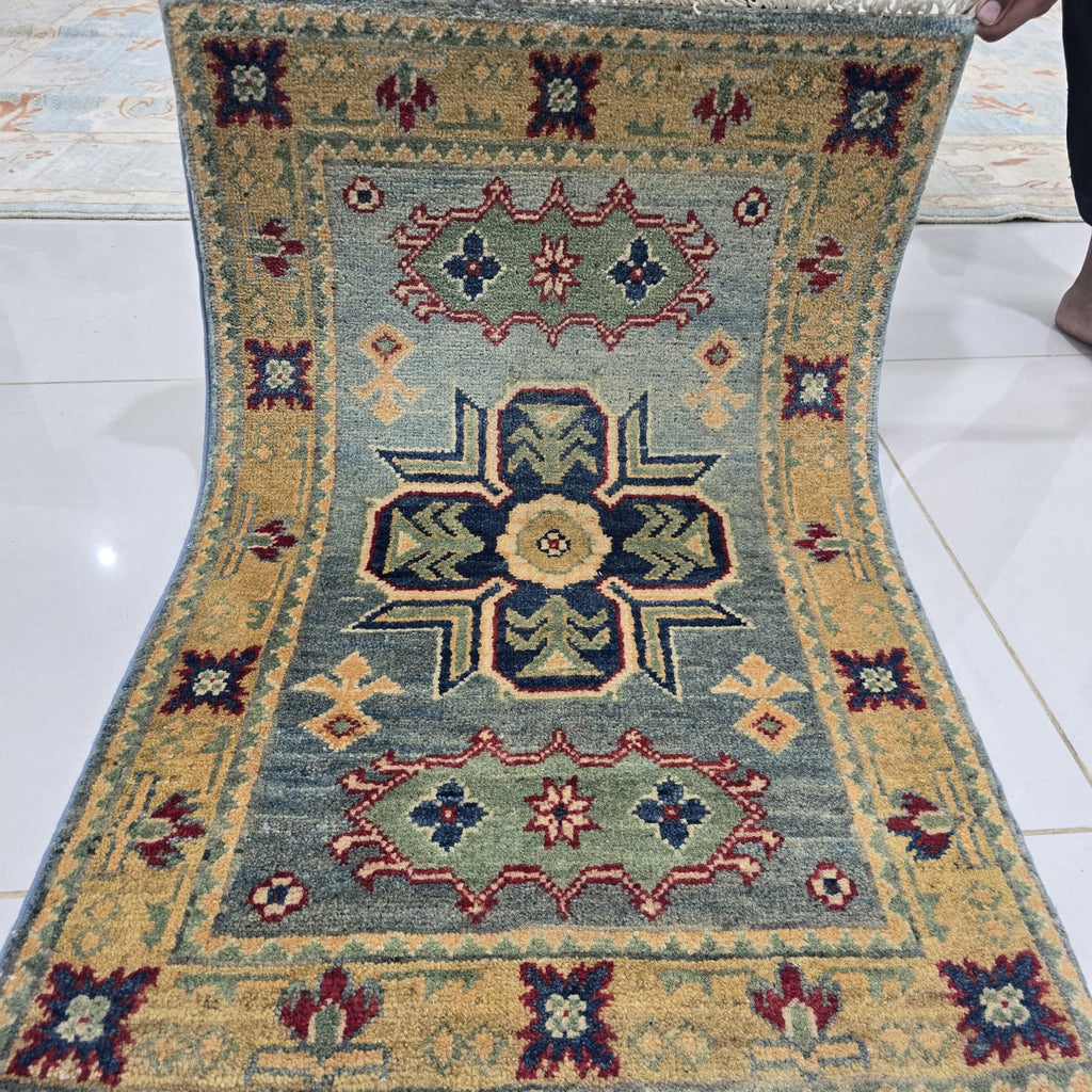 2x3 Gray Commercial Kazak Geometric Area Rug | Handmade Wool & Cotton Rug