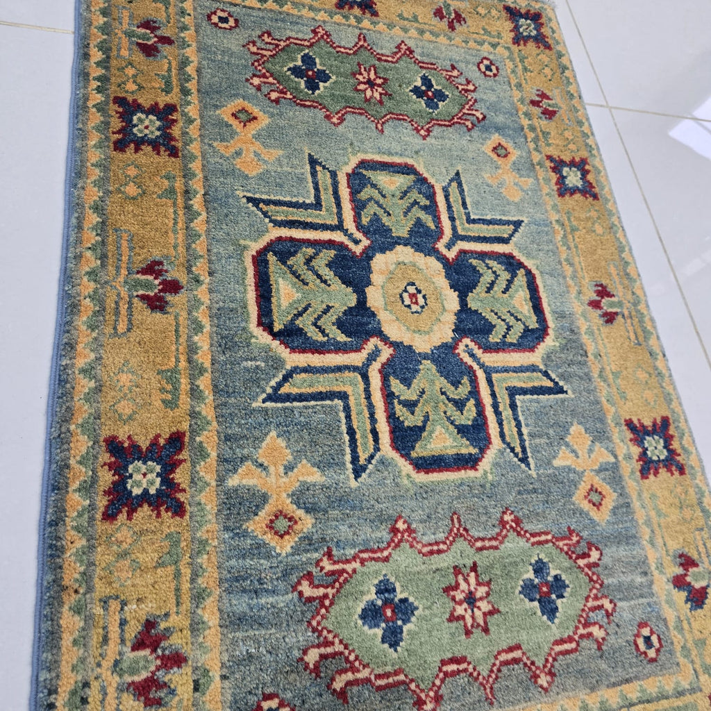 2x3 Gray Commercial Kazak Geometric Area Rug | Handmade Wool & Cotton Rug