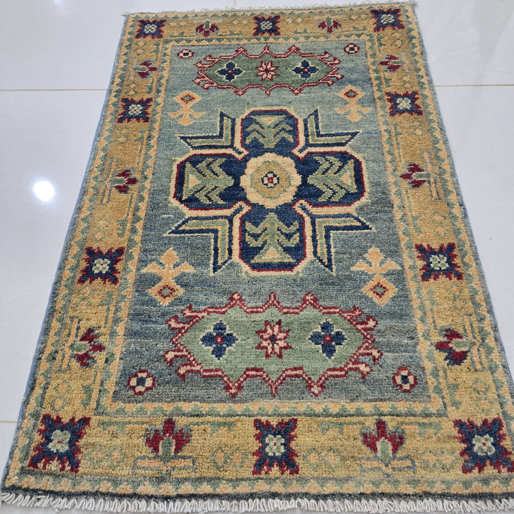 2x3 Gray Commercial Kazak Geometric Area Rug | Handmade Wool & Cotton Rug
