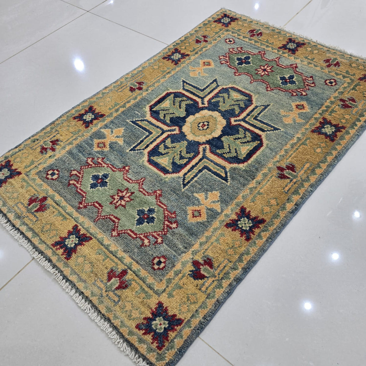 2x3 Gray Commercial Kazak Geometric Area Rug | Handmade Wool & Cotton Rug