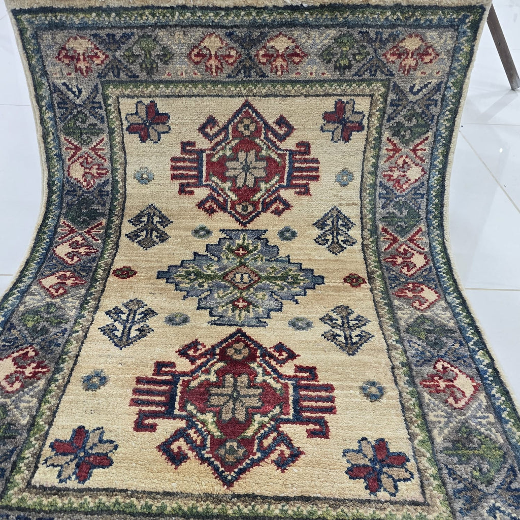 2x3 Beige Commercial Kazak Geometric Area Rug | Handmade Wool & Cotton Rug