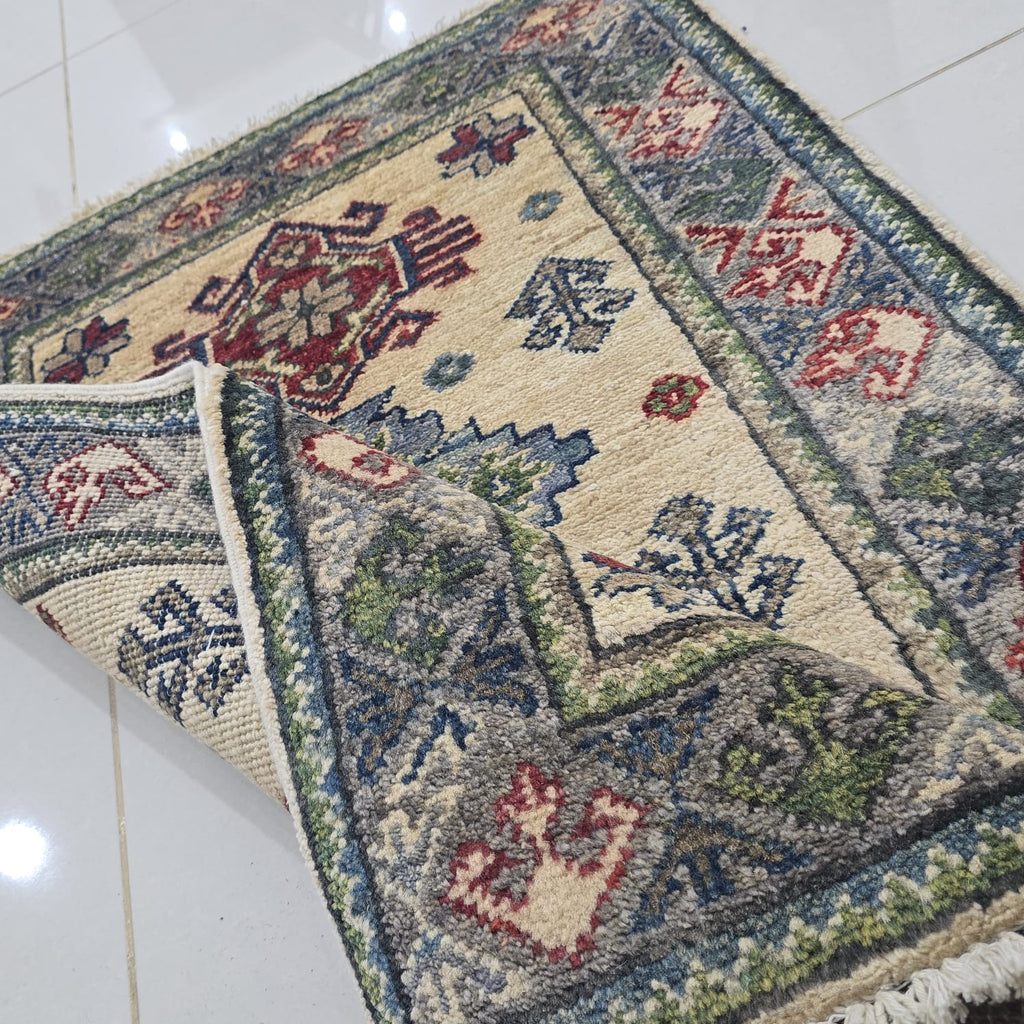 2x3 Beige Commercial Kazak Geometric Area Rug | Handmade Wool & Cotton Rug
