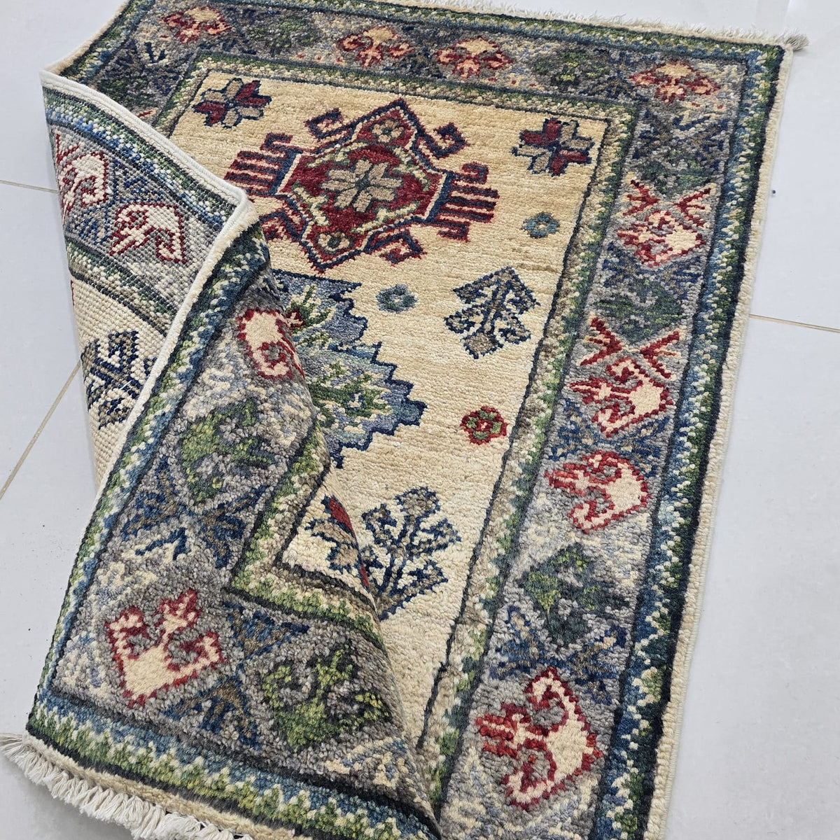 2x3 Beige Commercial Kazak Geometric Area Rug | Handmade Wool & Cotton Rug