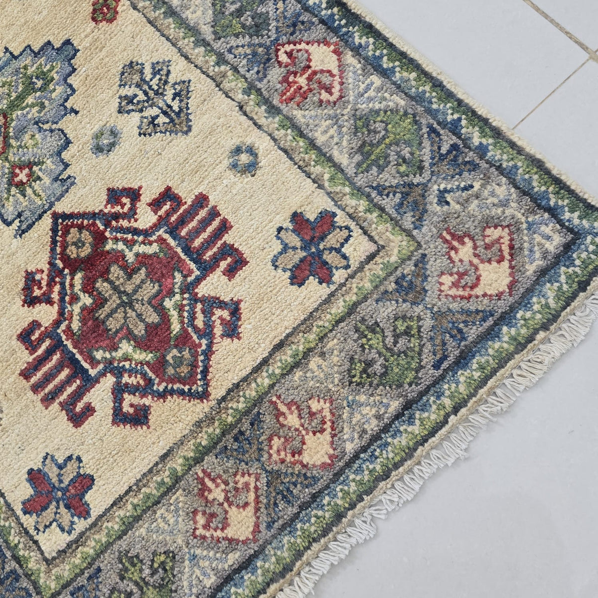 2x3 Beige Commercial Kazak Geometric Area Rug | Handmade Wool & Cotton Rug