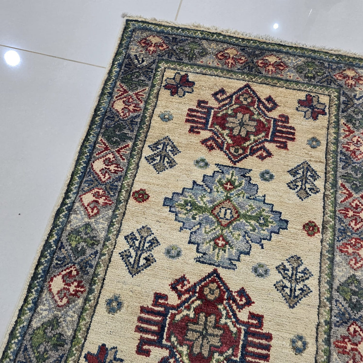 2x3 Beige Commercial Kazak Geometric Area Rug | Handmade Wool & Cotton Rug