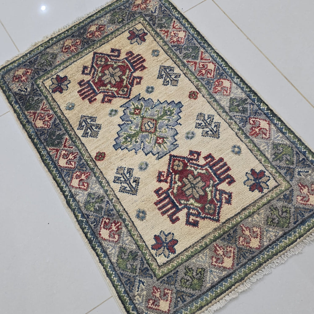 2x3 Beige Commercial Kazak Geometric Area Rug | Handmade Wool & Cotton Rug