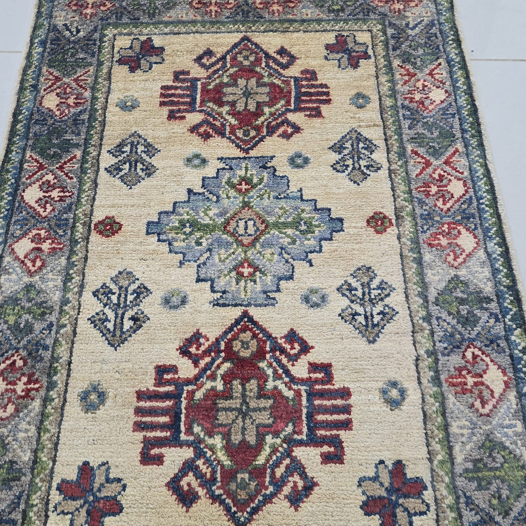2x3 Beige Commercial Kazak Geometric Area Rug | Handmade Wool & Cotton Rug