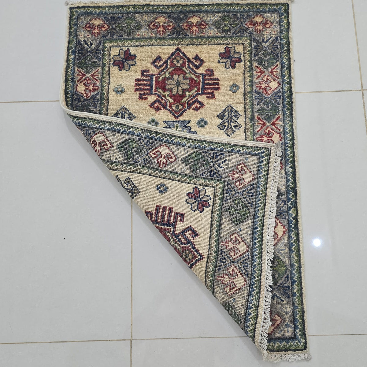 2x3 Beige Commercial Kazak Geometric Area Rug | Handmade Wool & Cotton Rug