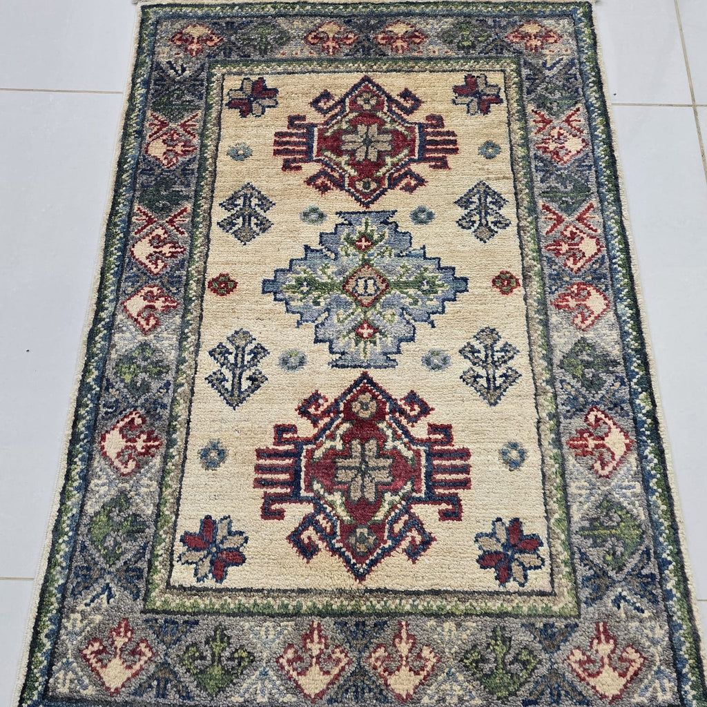 2x3 Beige Commercial Kazak Geometric Area Rug | Handmade Wool & Cotton Rug