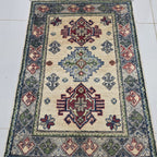 2x3 Beige Commercial Kazak Geometric Area Rug | Handmade Wool & Cotton Rug