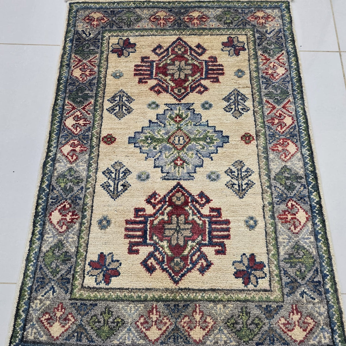 2x3 Beige Commercial Kazak Geometric Area Rug | Handmade Wool & Cotton Rug