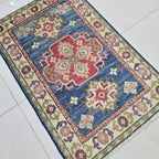 2x3 Blue Commercial Kazak Geometric Area Rug | Handmade Wool & Cotton Rug