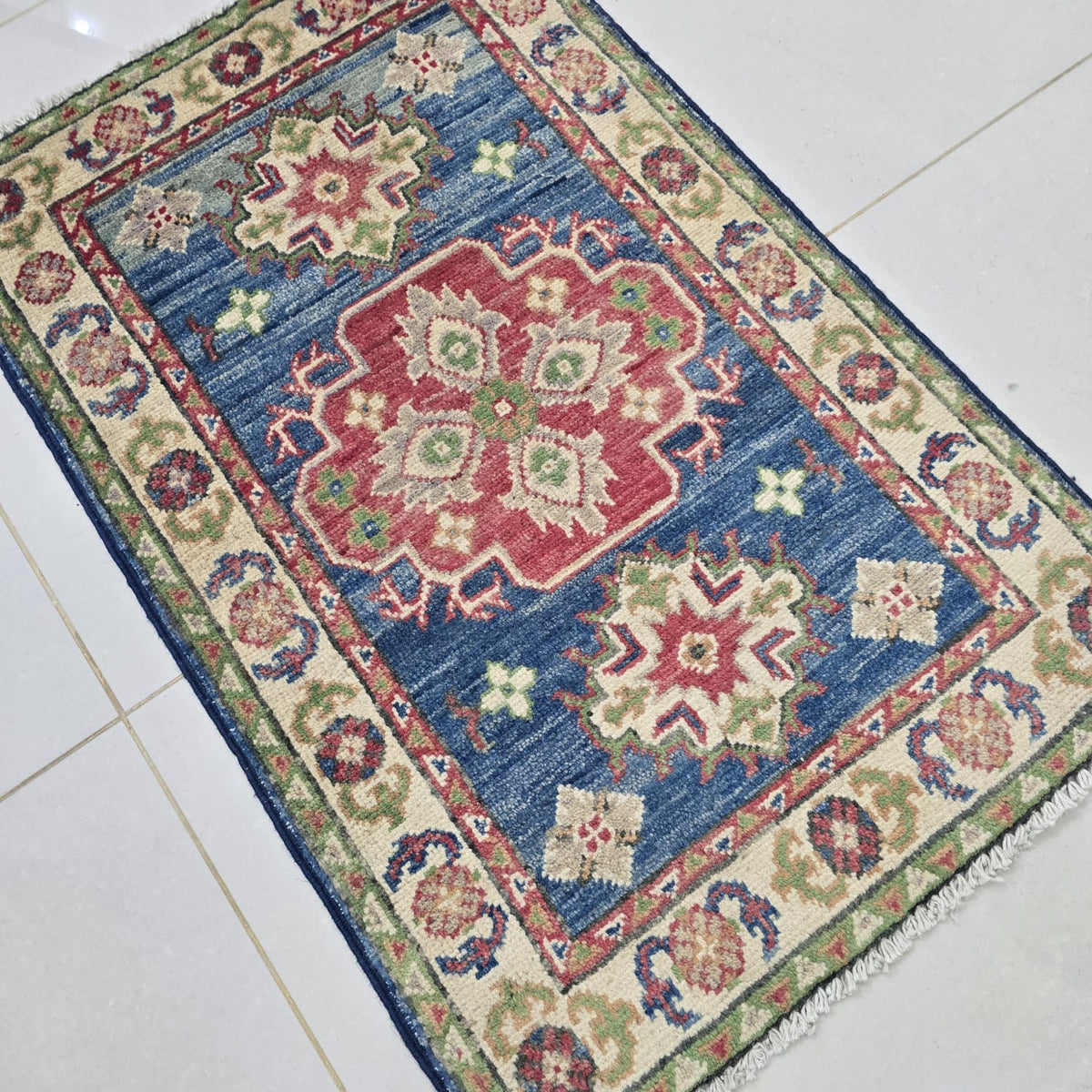 2x3 Blue Commercial Kazak Geometric Area Rug | Handmade Wool & Cotton Rug