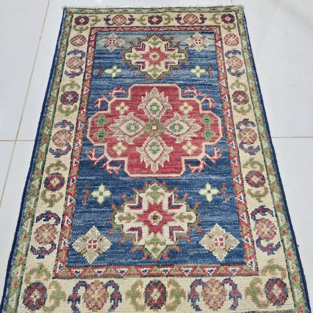 2x3 Blue Commercial Kazak Geometric Area Rug | Handmade Wool & Cotton Rug