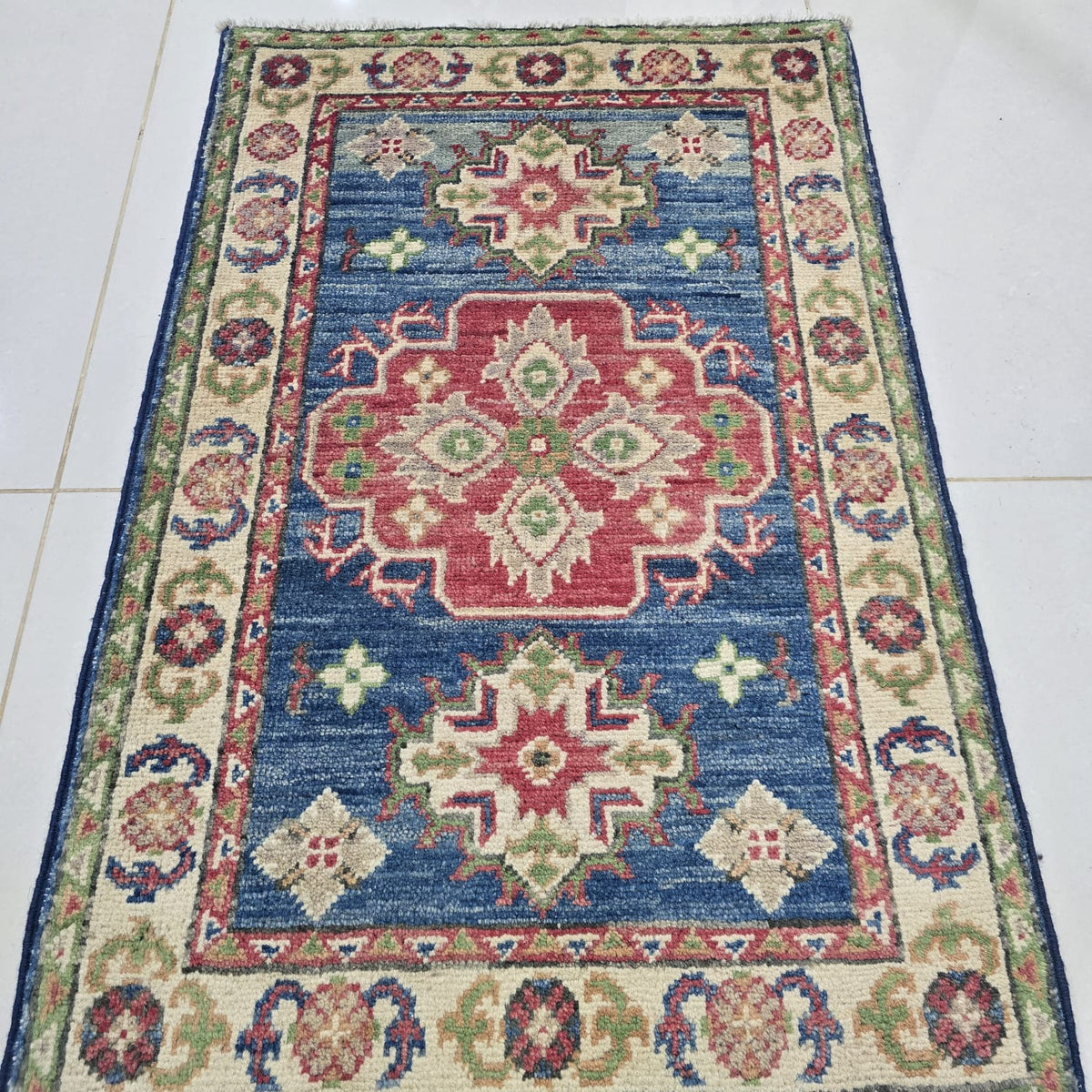 2x3 Blue Commercial Kazak Geometric Area Rug | Handmade Wool & Cotton Rug