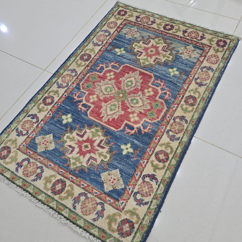 2x3 Blue Commercial Kazak Geometric Area Rug | Handmade Wool & Cotton Rug