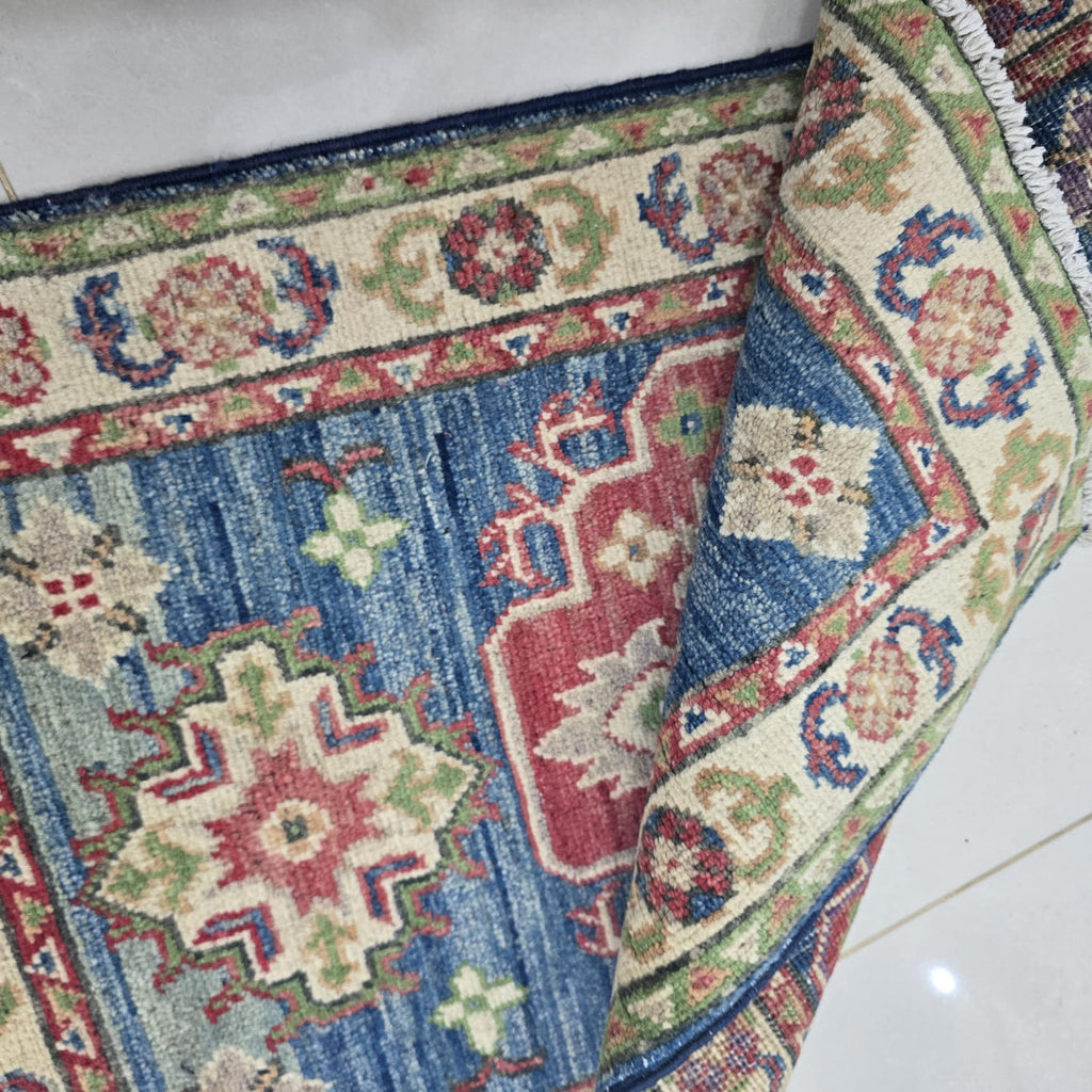 2x3 Blue Commercial Kazak Geometric Area Rug | Handmade Wool & Cotton Rug