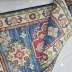 2x3 Blue Commercial Kazak Geometric Area Rug | Handmade Wool & Cotton Rug