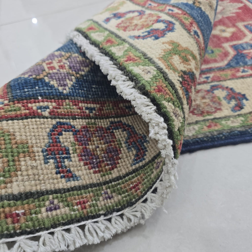2x3 Blue Commercial Kazak Geometric Area Rug | Handmade Wool & Cotton Rug