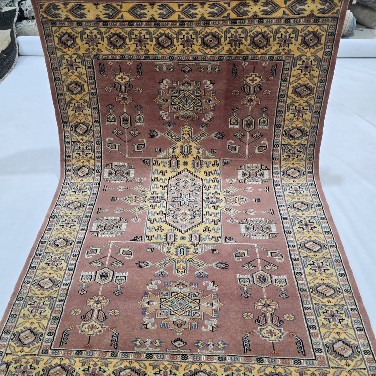 4x6 Orange Kafkazi Geometric Area Rug | Handmade Wool, Cotton & Silk Rug