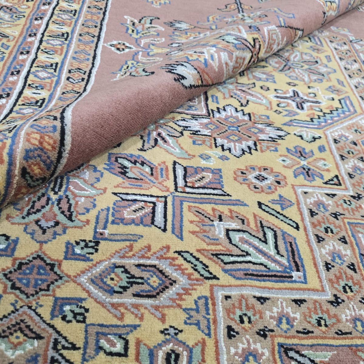 7x10 Orange Kafkazi Geometric Area Rug | Handmade Wool & Cotton Rug