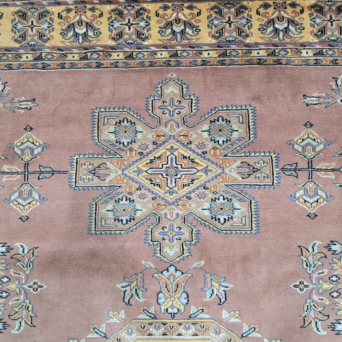 7x10 Orange Kafkazi Geometric Area Rug | Handmade Wool & Cotton Rug