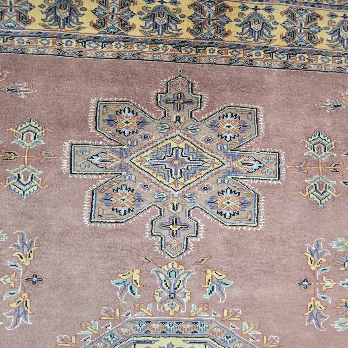 7x10 Orange Kafkazi Geometric Area Rug | Handmade Wool, Cotton & Silk Rug