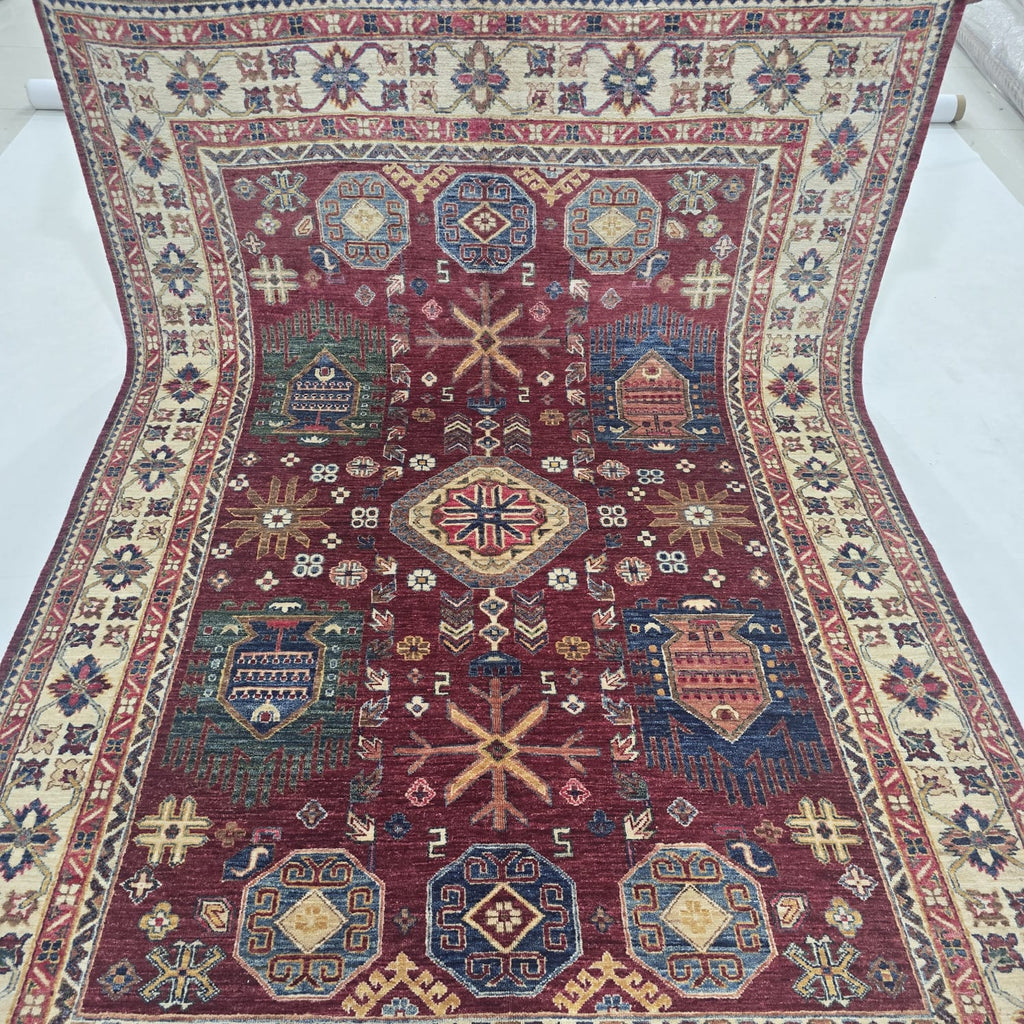 5.5x8 Red Heriz Floral Area Rug | Handmade Wool & Cotton Rug