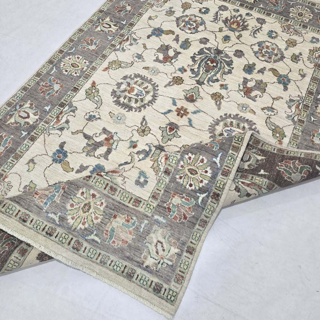5x8 Beige Chobi Floral Area Rug | Handmade Wool & Cotton Rug