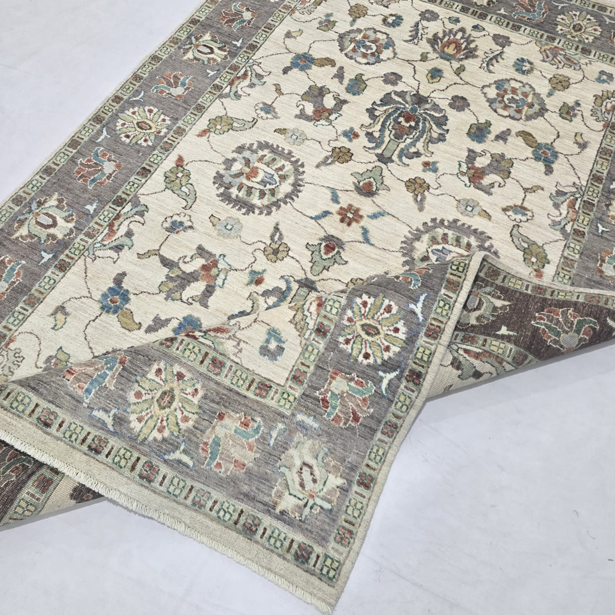 5x8 Beige Chobi Floral Area Rug | Handmade Wool & Cotton Rug