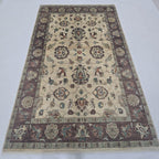 5x8 beige Chobi floral handmade wool and cotton area rug with vegetable dyeing