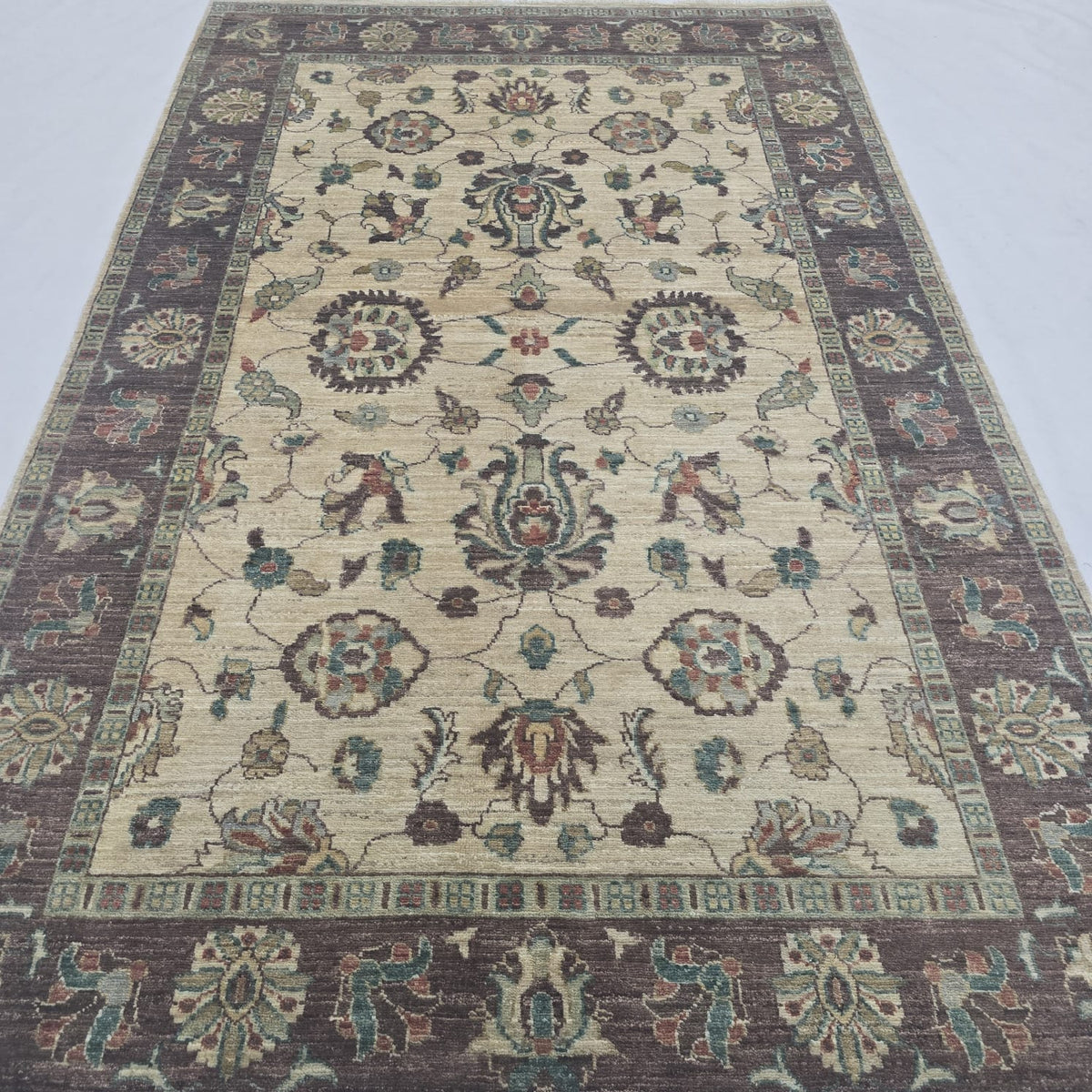 5x8 Beige Chobi Floral Area Rug | Handmade Wool & Cotton Rug