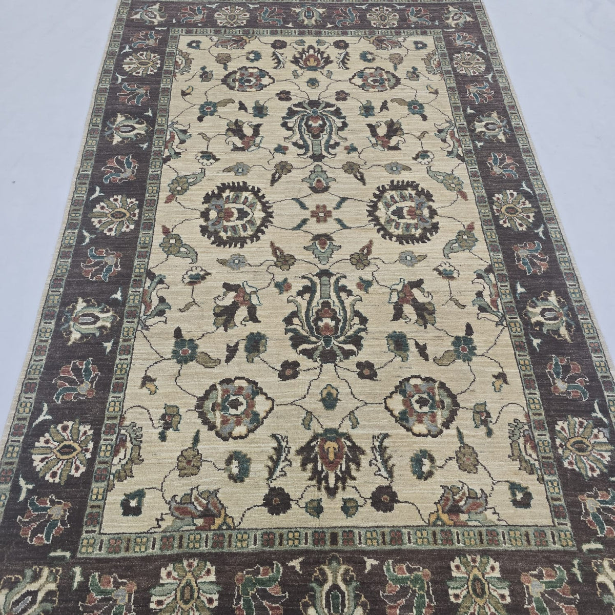 5x8 Beige Chobi Floral Area Rug | Handmade Wool & Cotton Rug