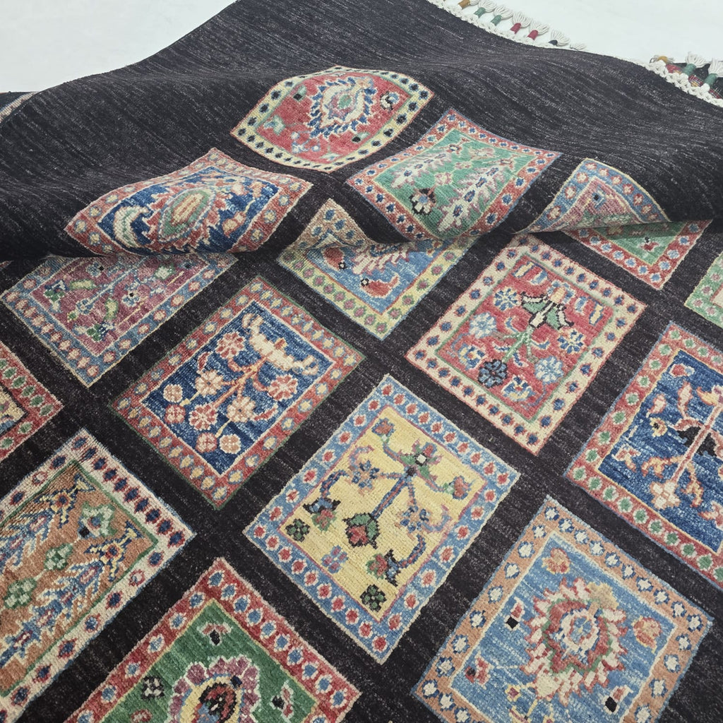 5.5x8 Black Gul-e-Ayena Area Rug | Handmade Wool & Cotton Rug