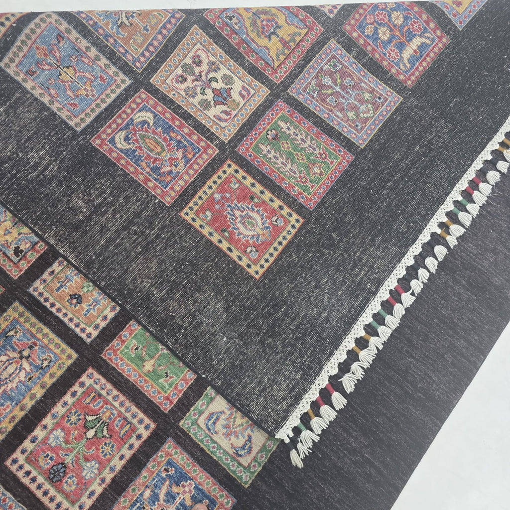 5.5x8 Black Gul-e-Ayena Area Rug | Handmade Wool & Cotton Rug