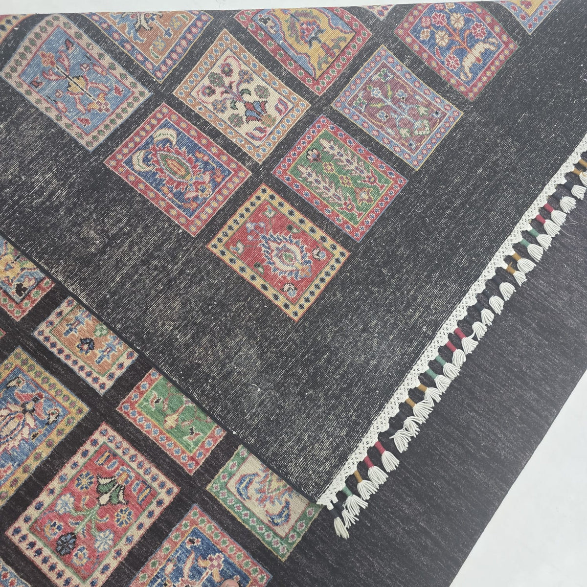 5.5x8 Black Gul-e-Ayena Area Rug | Handmade Wool & Cotton Rug