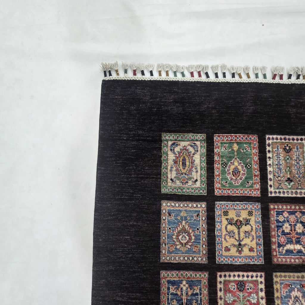 5.5x8 Black Gul-e-Ayena Area Rug | Handmade Wool & Cotton Rug