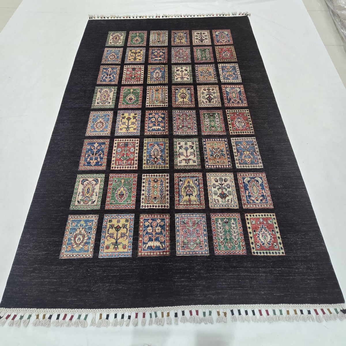 5.5x8 black Gul-e-Ayena handmade wool and cotton area rug