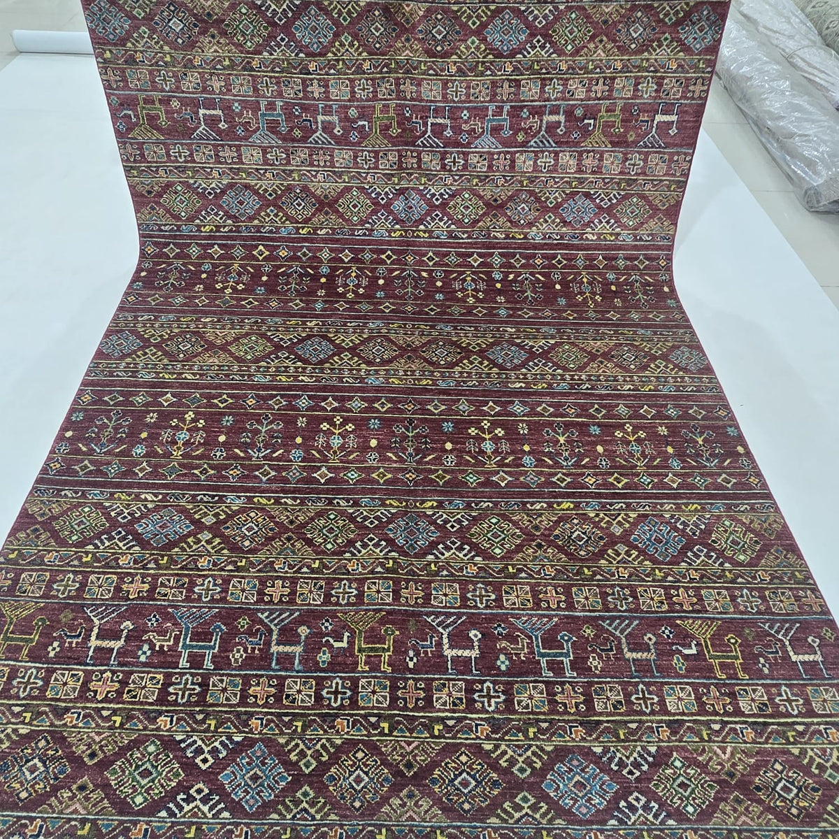 5.5x8 Red Khurjeen Rainbow Area Rug | Handmade Wool & Cotton Rug