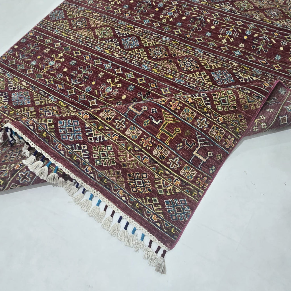 5.5x8 Red Khurjeen Rainbow Area Rug | Handmade Wool & Cotton Rug