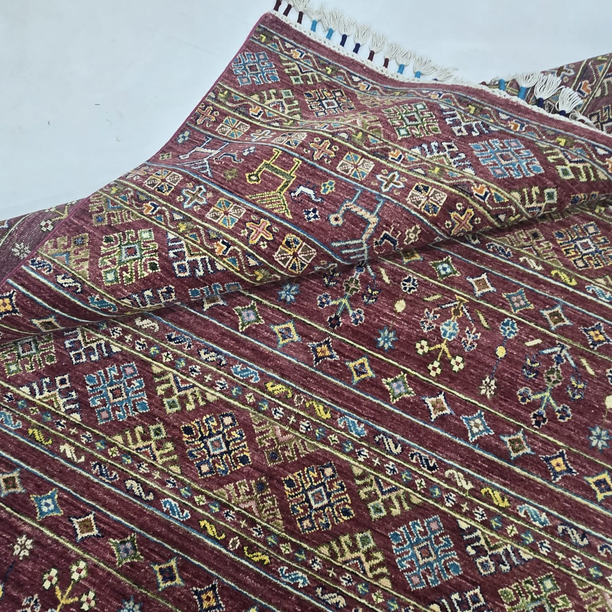 5.5x8 Red Khurjeen Rainbow Area Rug | Handmade Wool & Cotton Rug