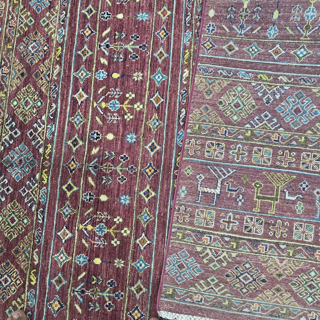 5.5x8 Red Khurjeen Rainbow Area Rug | Handmade Wool & Cotton Rug